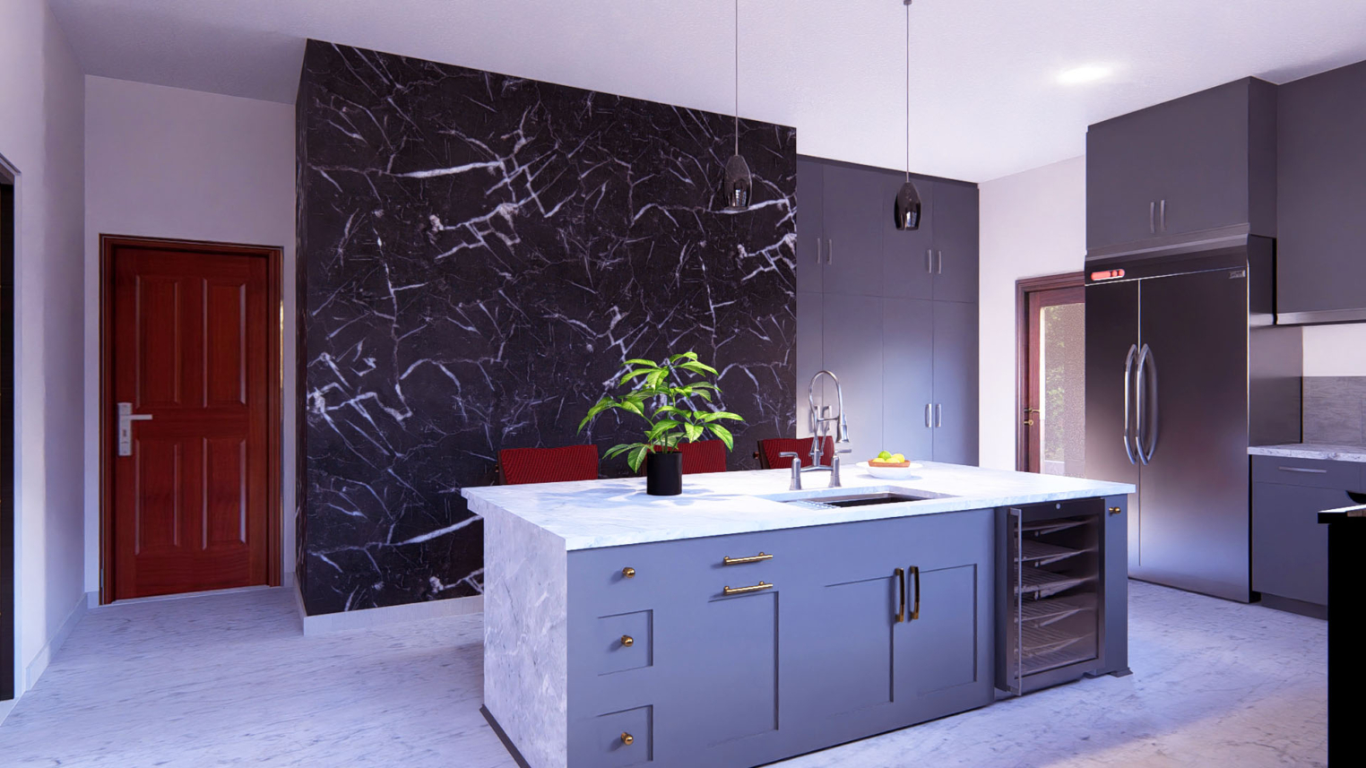3D kitchen design 2 3D kitchen design showcasing modern cabinetry, island counter, and sleek appliances