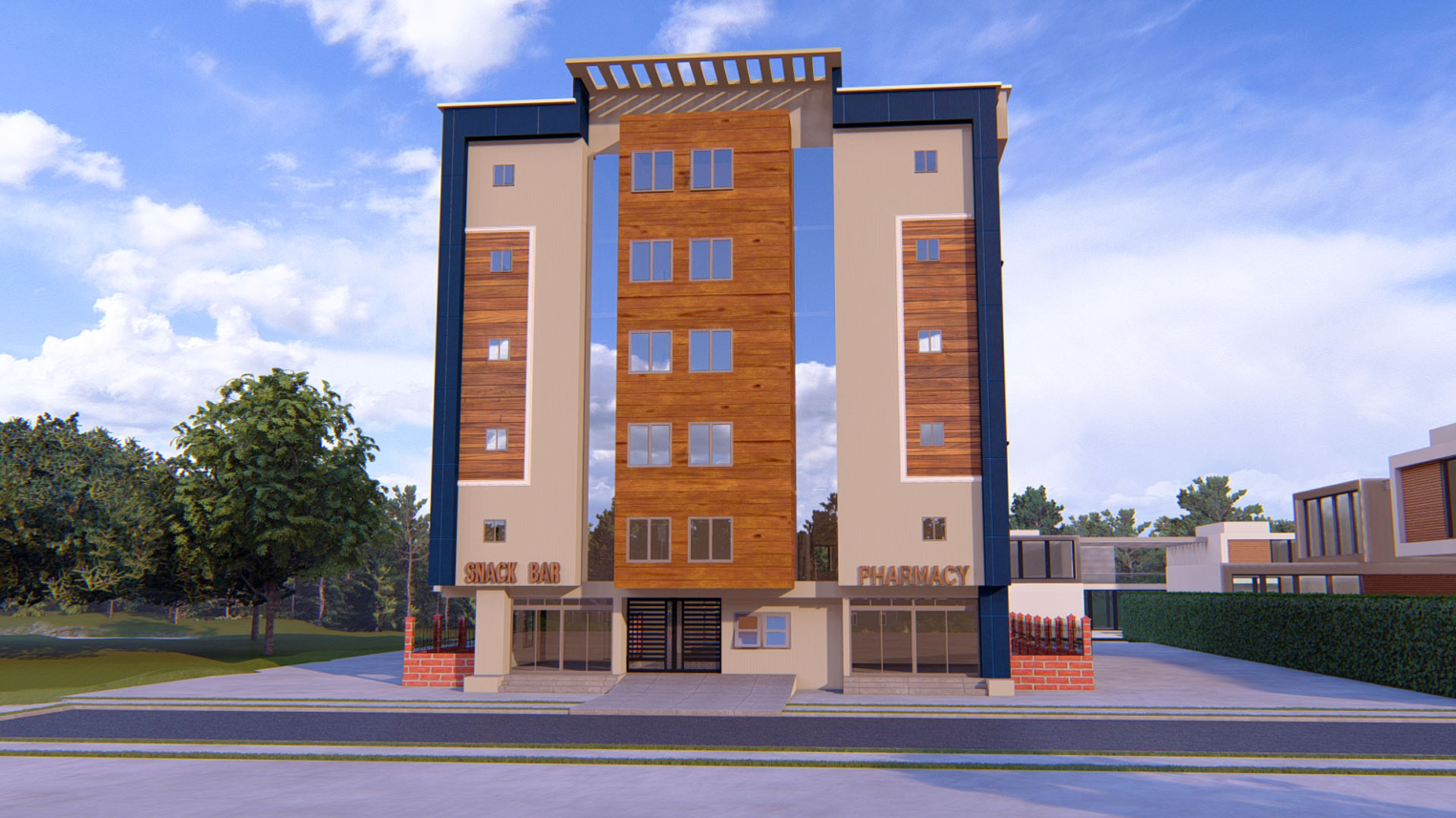 Multi-storey student hostel 2 Modern multi-storey student hostel with shared living spaces and balconies
