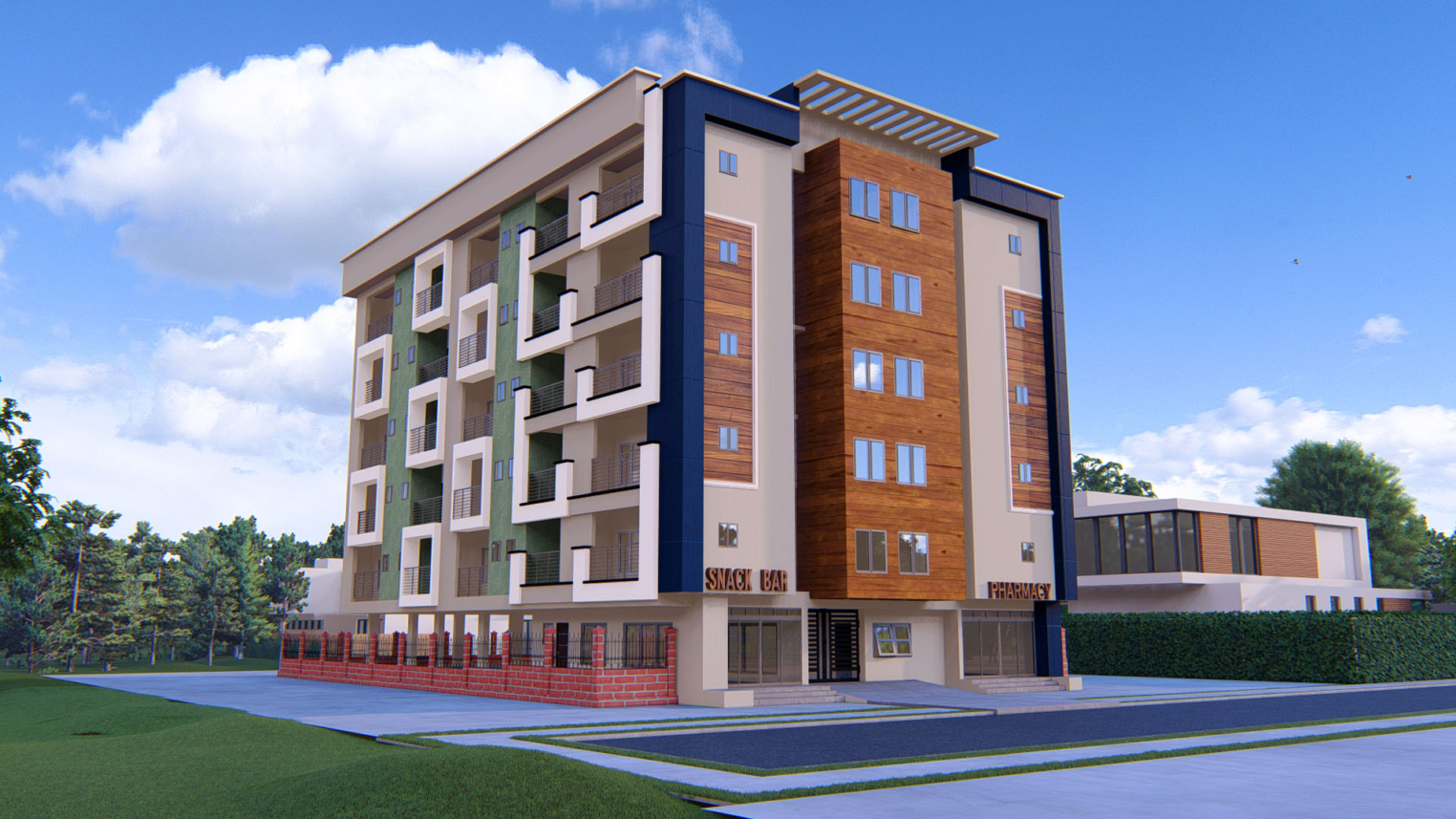Multi-storey student hostel 3 Modern multi-storey student hostel with shared living spaces and balconies