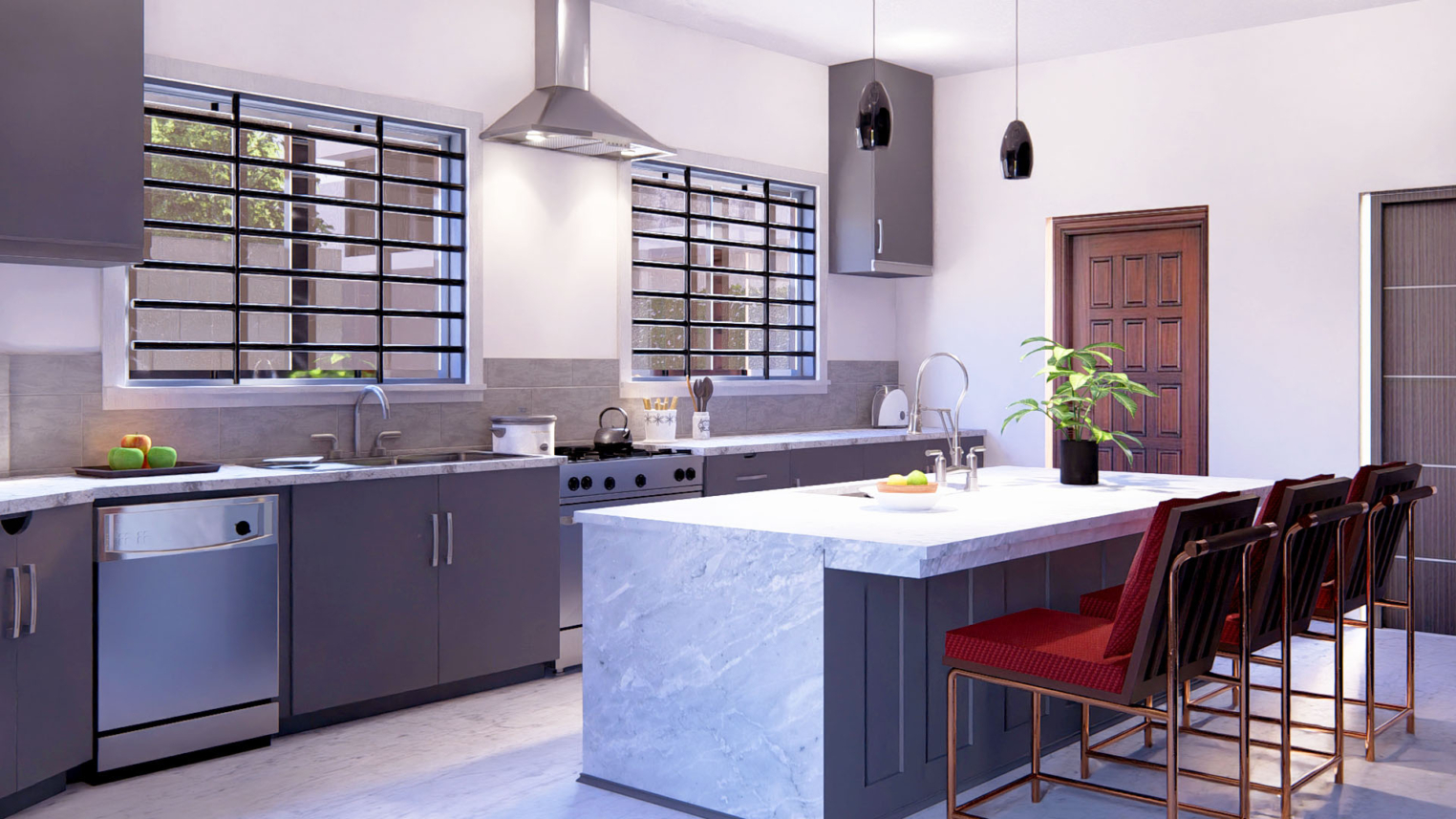 3D kitchen design 3 3D kitchen design showcasing modern cabinetry, island counter, and sleek appliances