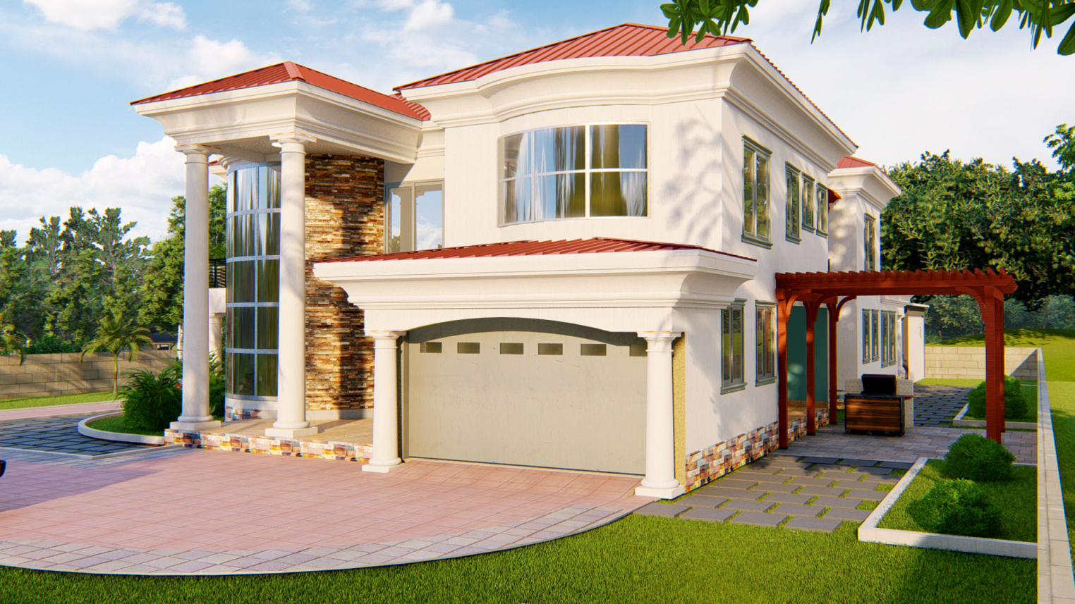 Residential Landscape Design 2 Residential landscape design featuring lush greenery, paved walkways, and outdoor seating areas