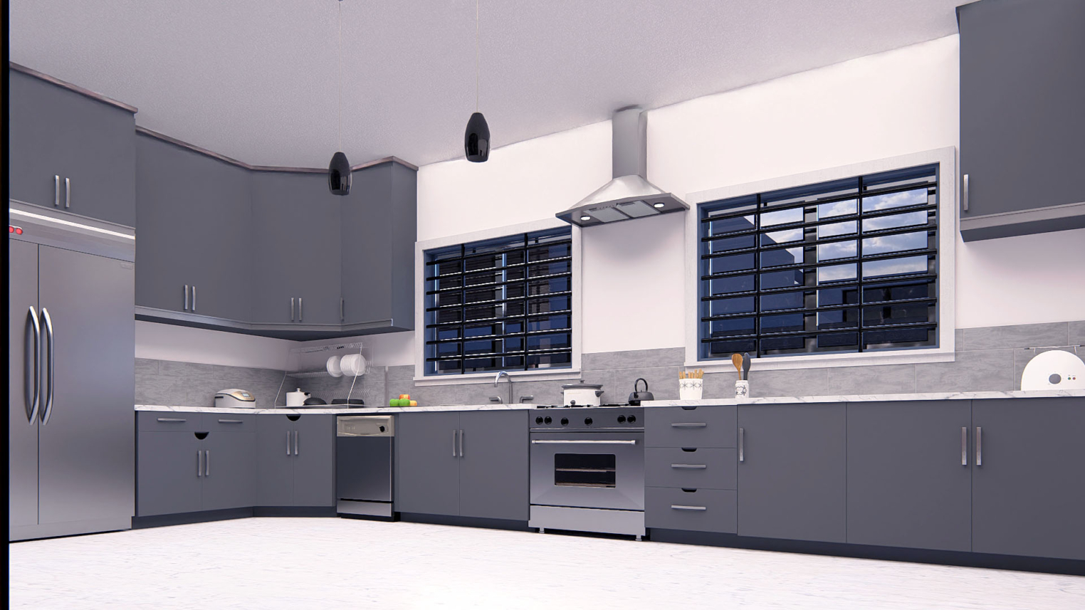 3D kitchen design 5 3D kitchen design showcasing modern cabinetry, island counter, and sleek appliances