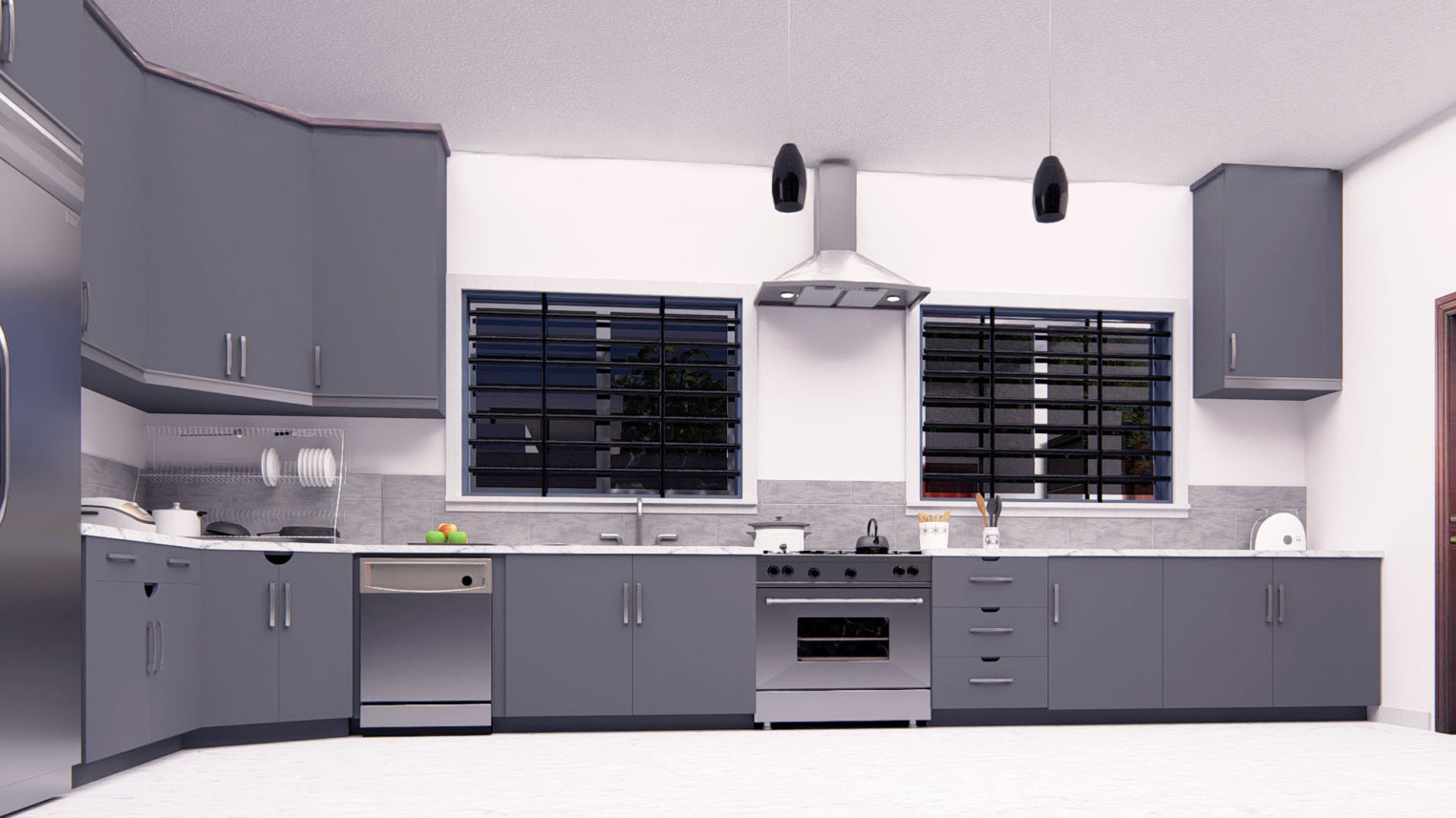 3D kitchen design 7 3D kitchen design showcasing modern cabinetry, island counter, and sleek appliances
