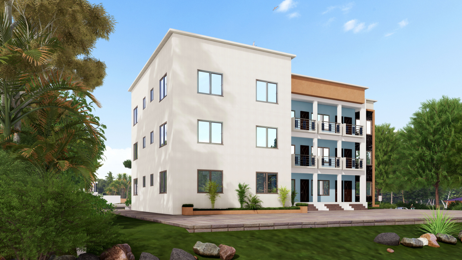 Modern student hostel design 3 Modern student hostel building with sleek architecture and communal outdoor spaces