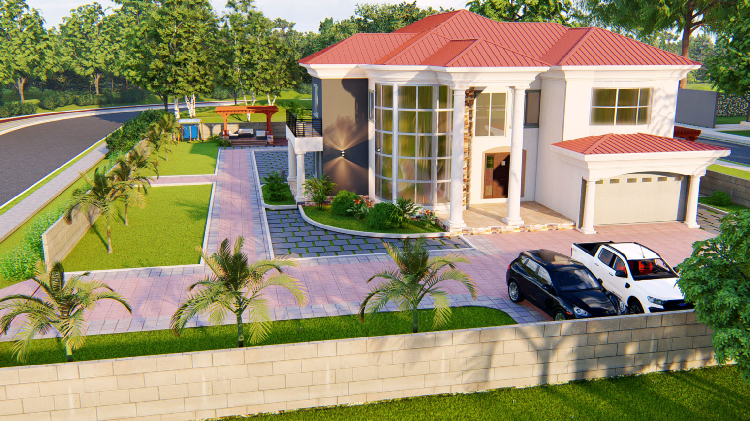 Residential Landscape Design 8 Residential landscape design featuring lush greenery, paved walkways, and outdoor seating areas