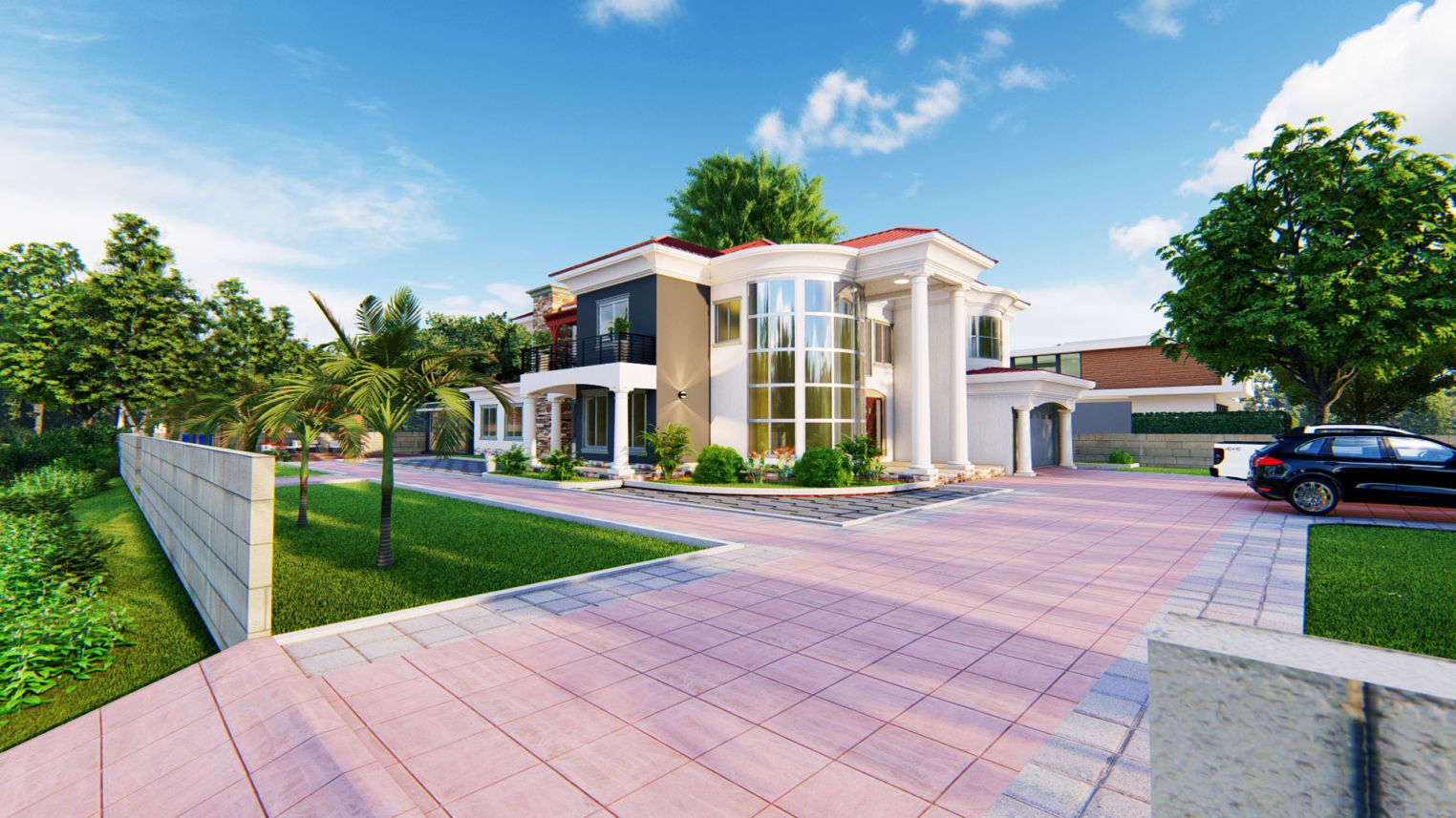Residential Landscape Design 3 Residential landscape design featuring lush greenery, paved walkways, and outdoor seating areas