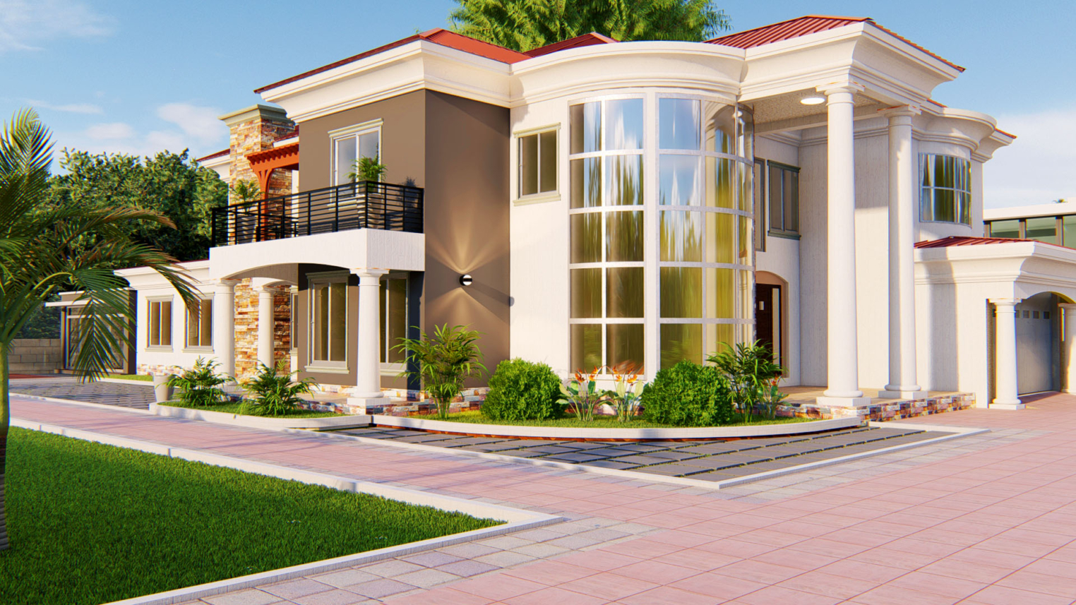 Residential Landscape Design 4 Residential landscape design featuring lush greenery, paved walkways, and outdoor seating areas
