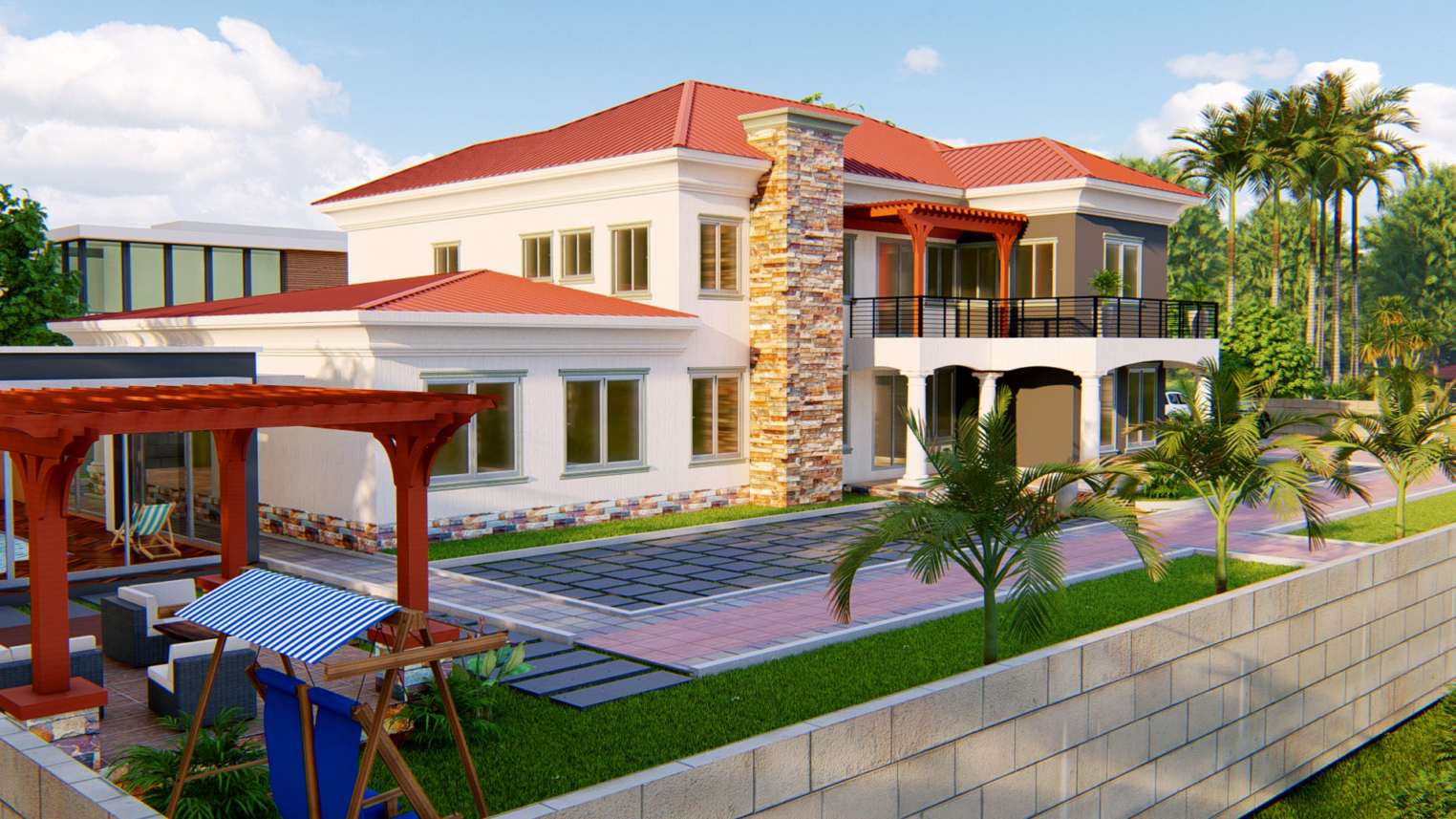 Residential Landscape Design 6 Residential landscape design featuring lush greenery, paved walkways, and outdoor seating areas