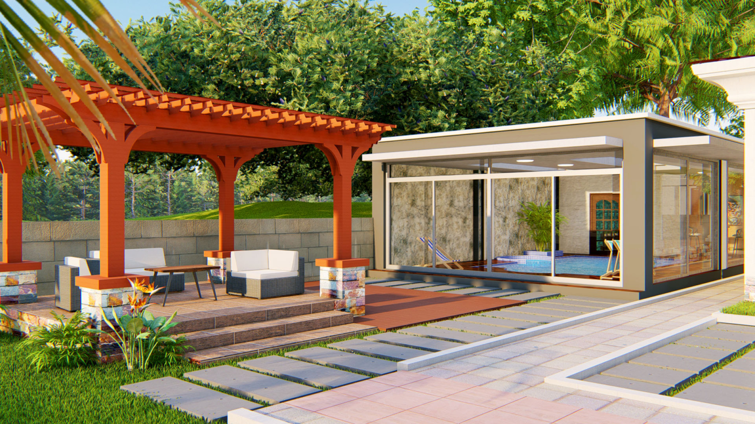 Residential Landscape Design 7 Residential landscape design featuring lush greenery, paved walkways, and outdoor seating areas