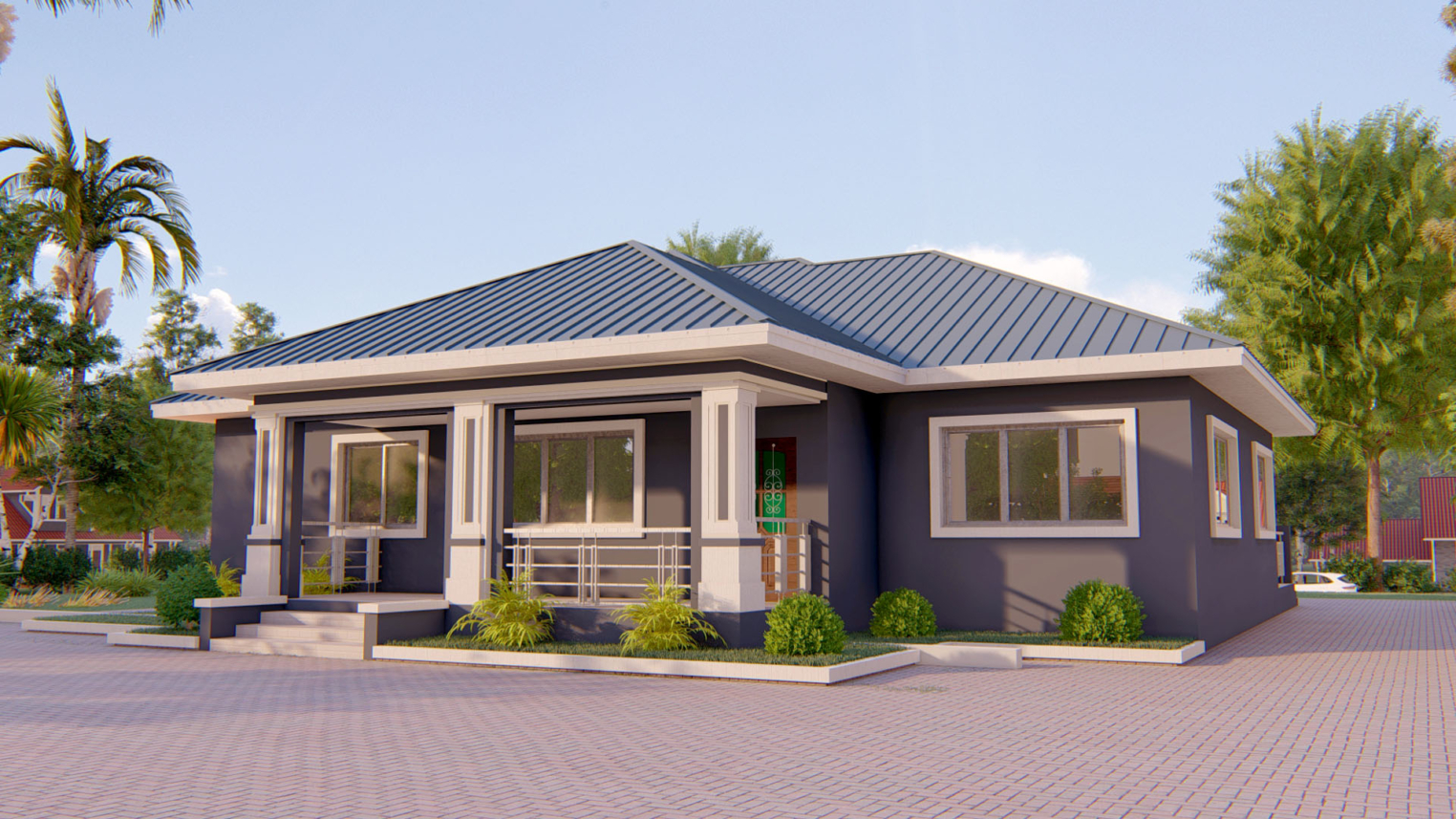 4-bedroom house architectural design 2 Modern 4-bedroom house architectural design with large windows, sloped roof, and landscaped front yard.