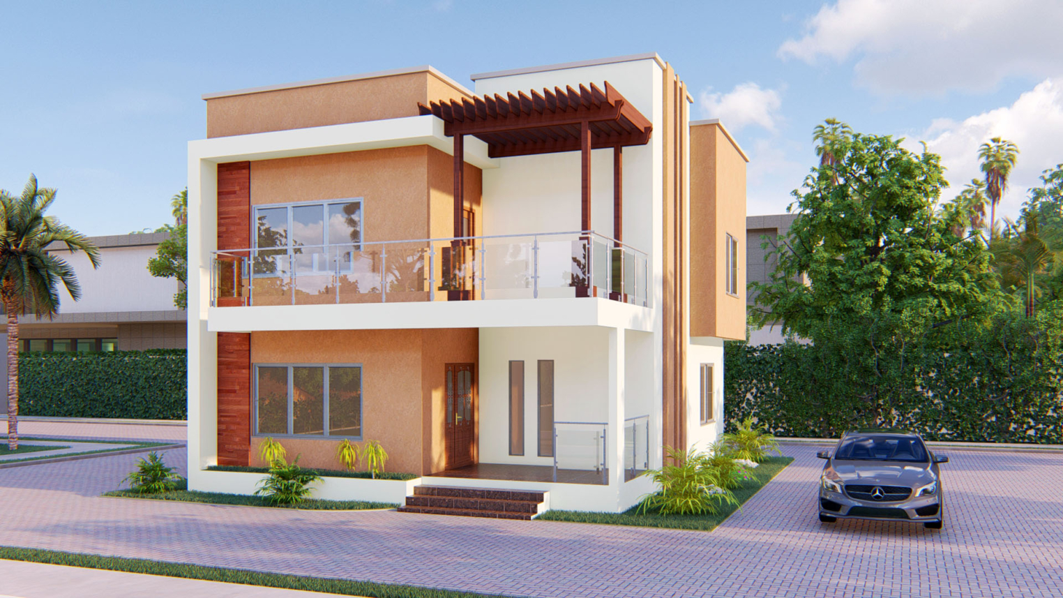 3-bedroom duplex exterior design 2 Modern 3-bedroom duplex exterior design with clean lines, large windows, and landscaped front yard
