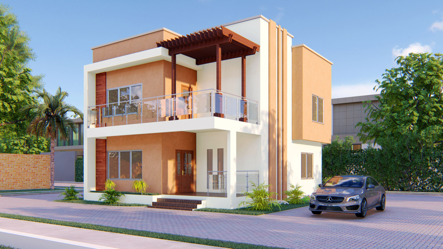 3-bedroom duplex exterior design 3 Modern 3-bedroom duplex exterior design with clean lines, large windows, and landscaped front yard