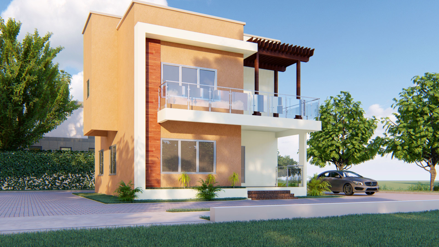 3-bedroom duplex exterior design 4 Modern 3-bedroom duplex exterior design with clean lines, large windows, and landscaped front yard