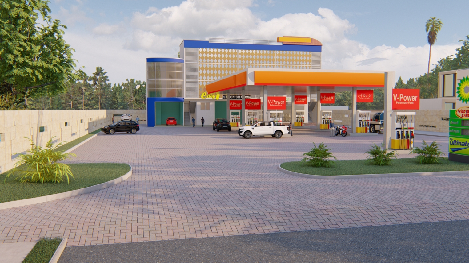 Fuel service station design 2 Modern fuel service station design featuring multiple fuel pumps, a spacious canopy, and well-organized parking