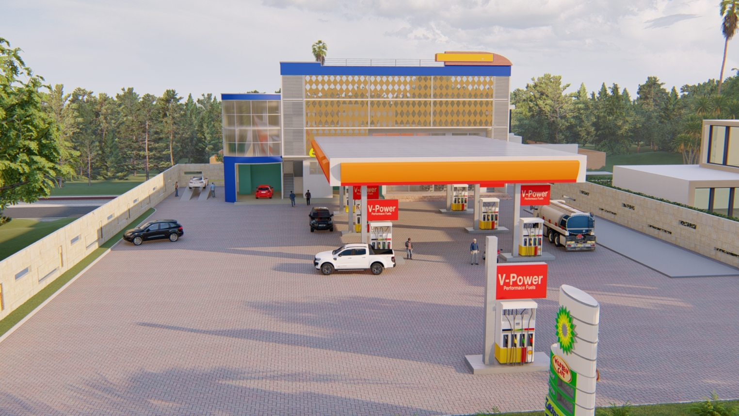Fuel service station design 3 Modern fuel service station design featuring multiple fuel pumps, a spacious canopy, and well-organized parking