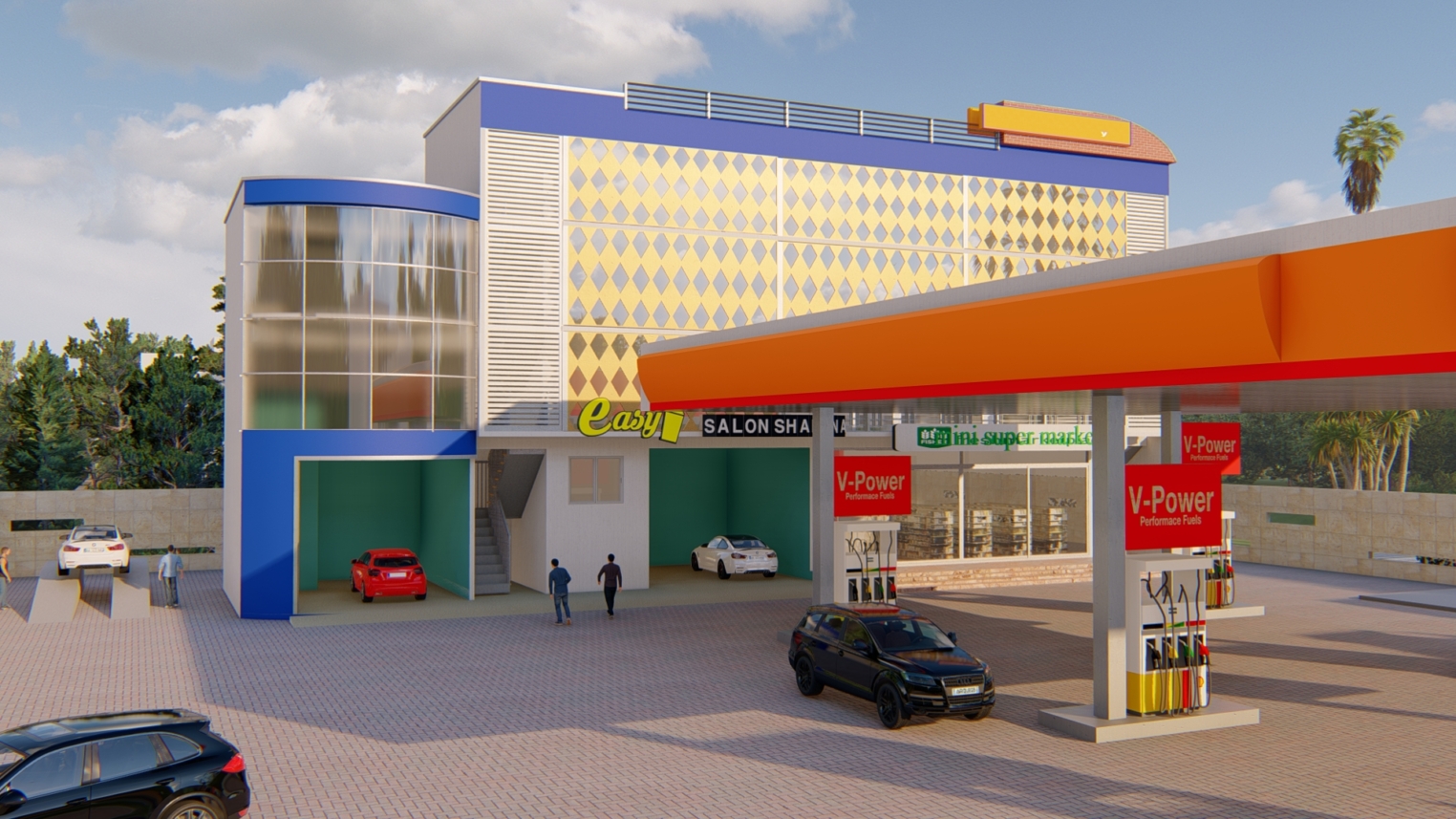 Fuel service station design 4 Modern fuel service station design featuring multiple fuel pumps, a spacious canopy, and well-organized parking