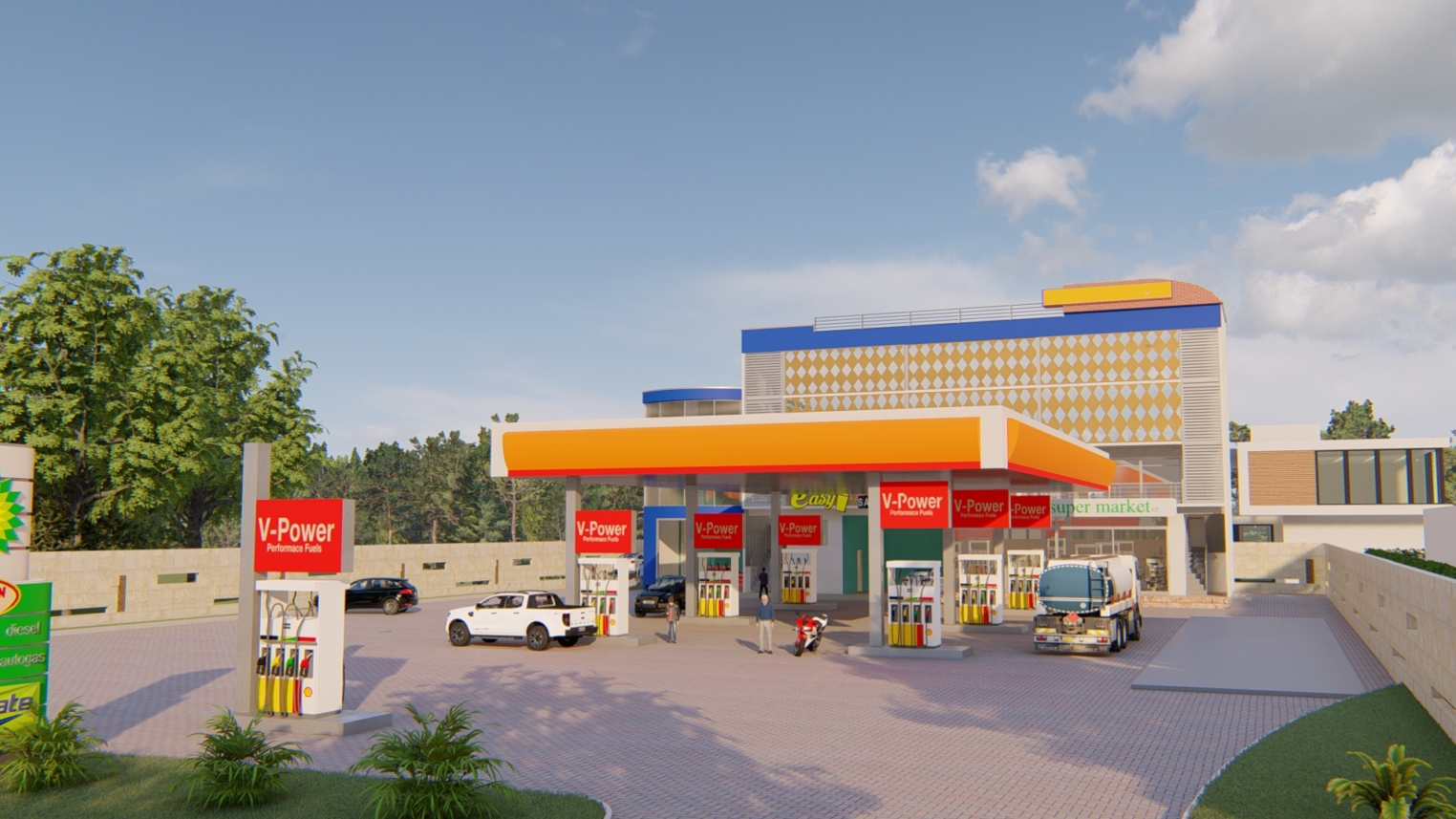 Fuel service station design 5 Modern fuel service station design featuring multiple fuel pumps, a spacious canopy, and well-organized parking