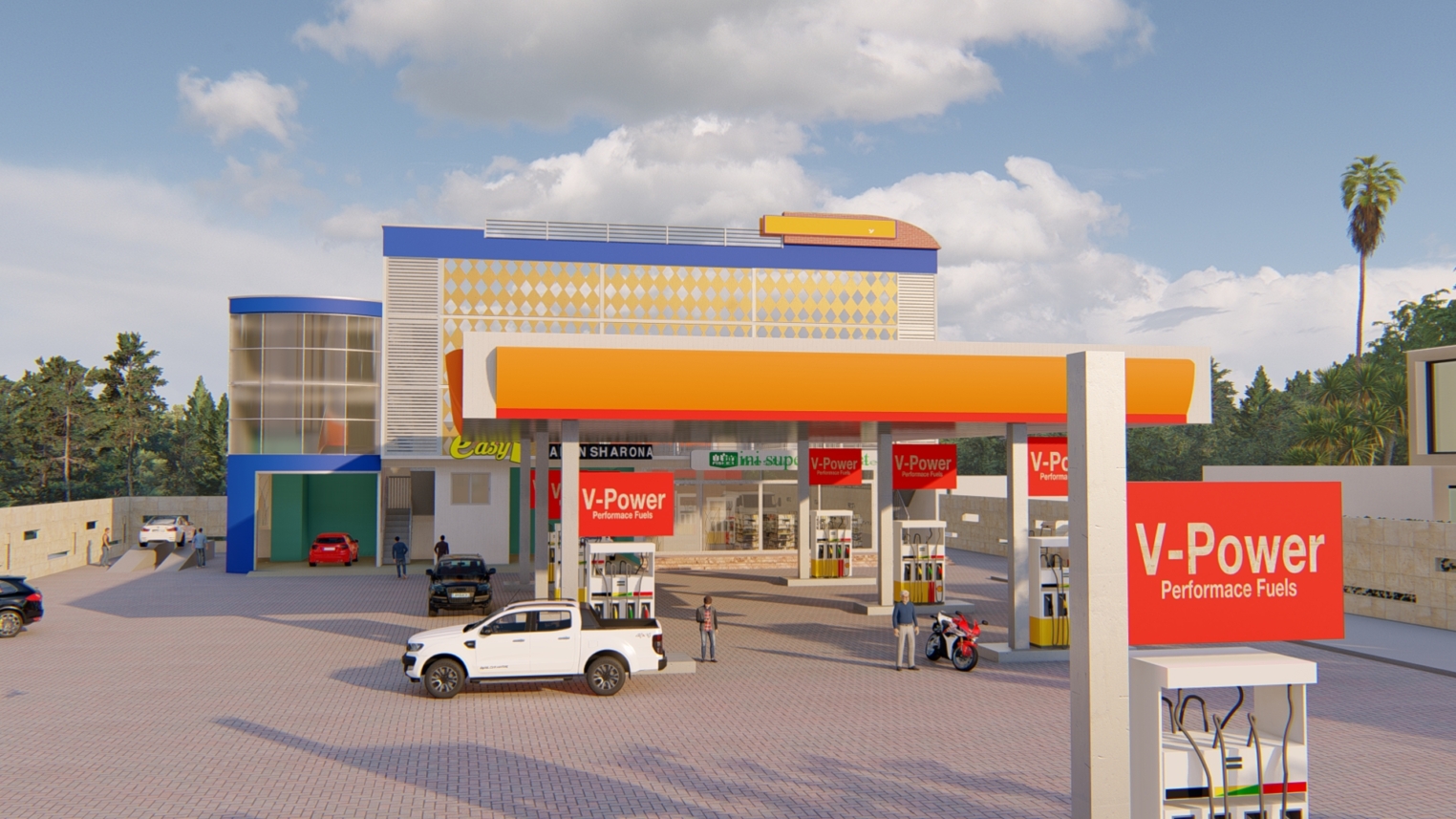 Fuel service station design 6 Modern fuel service station design featuring multiple fuel pumps, a spacious canopy, and well-organized parking