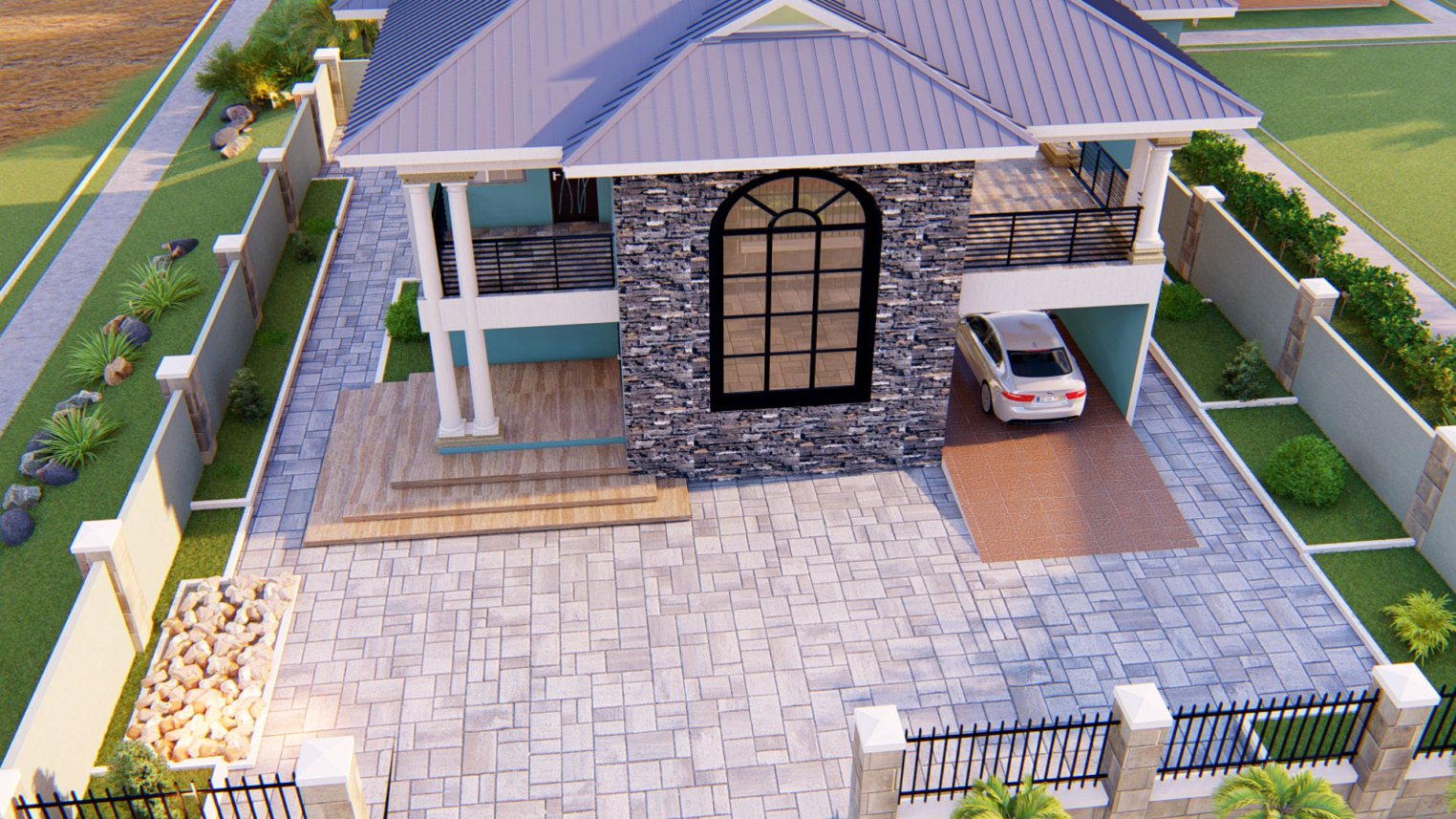simple residential landscape design 2 Simple residential landscape design with green lawn, flower beds, and a stone walkway in a suburban backyard