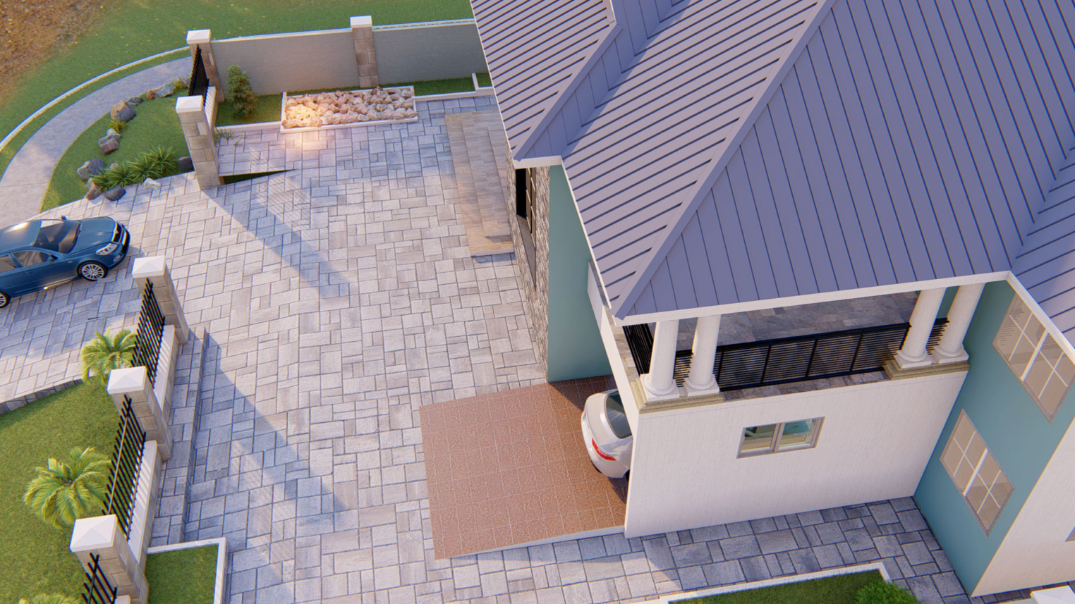 simple residential landscape design 4 Simple residential landscape design with green lawn, flower beds, and a stone walkway in a suburban backyard
